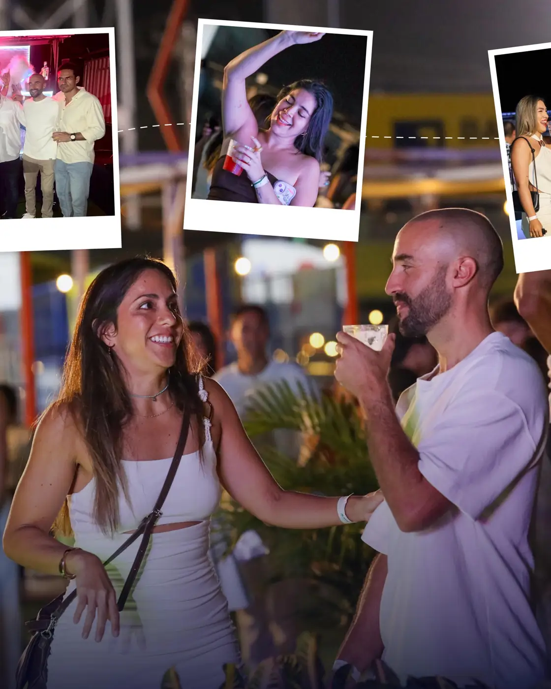 Collage de invitados bailando y brindando en una noche en el jardín
